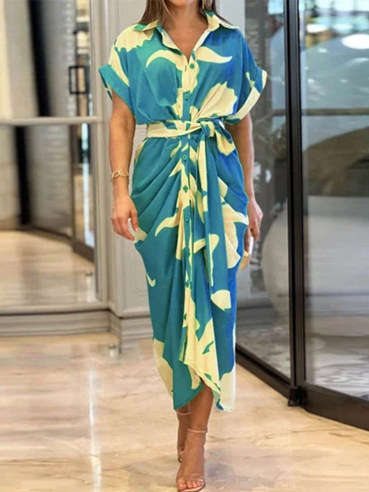 Casual Lapel Neck Waist Print Shirt Dress