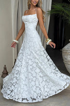 Spaghetti Strap Backless Lace-up Jacquard Maxi Dress