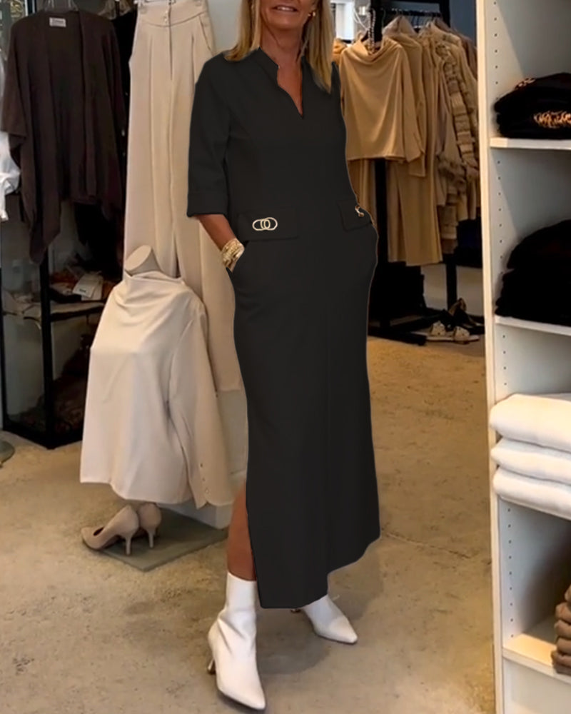 Scarlett Elevated Solid Color Slit Dress with 3/4 Sleeves Everyday Luxe Edit