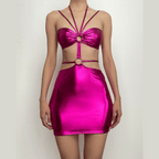 Metallic o ring halter self tie backless hollow out mini dress