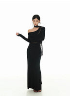 Black Asymmetric Neckline and Lace Inserts Long Evening Gown