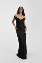 Vintage Satin Mermaid Off Shoulder Maxi Dress