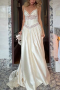 Delicate and Exquisite Satin Lace Patchwork Slip Bridal Gown Maxi Dress