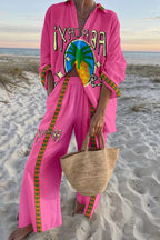 Pineapple Print Oversized Shirt and Elastic Waist Pocket Pants Set