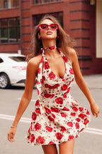 Halter Backless Rose Print ALine Floral Dress