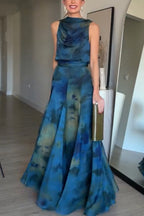 Ione Chiffon Ombré Print Cowl Neck Top and High Rise Maxi Skirt Set with Scarf
