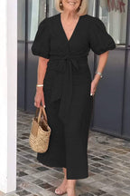 V-Neck Puff Sleeve Twisted Waist Tie Midi Dress