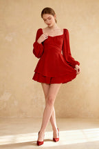 Red Long Sleeve Layered Dress with Tie Back and Ruffle Trim