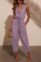 Stylish Collared Sleeveless Elastic Waist Tie Casual Pocket Denim Jumpsuit