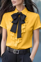 Solid Color Tie-neck Ruffle Collar Short-sleeved Casual Shirt