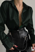 Lace Leather Panel Sheer Sexy Long Sleeve Chic Blouse