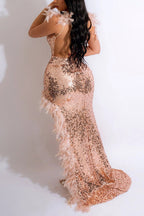 Sexy Feather Sequin Backless Fit Asymmetrical Maxi Dress