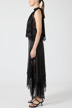 Modern Muse Satin Lace Trim Pleated Neck Top and A-line Irregular Slit Skirt Set