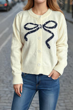 Solid Bow Jacquard Round Cardigan