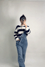 Dark Blue Striped Button-Up Fuzzy Knit Cardigan