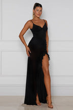 Ruffle Hem Spaghetti Strap Slit Prom Dress
