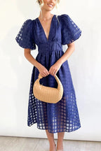 Beautiful square pattern fabric puff sleeve midi