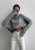 Cable Knit Cropped Turtleneck Sweater – Women’s Chunky Knit Pullover