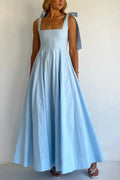 Solid Color Sleeveless Tie-up Suspender Elegant Patchwork Maxi Dress