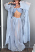 Flowy Linen Blend Halter Tank & Elastic Waist Tie-up Wide Leg Pants & Kimono Cover-Ups 3pieces Set