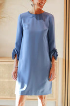 Meina Flower Decorated Cuffs Round Neck Pocket Casual Mini Dress