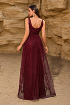 Classic Burgundy Sequin Mesh V Neck U Back Prom Dress