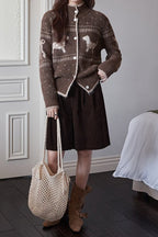 Vintage Stand Collar Puppy Print Jacquard Sweater