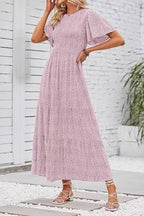 Floral Print Round Neck Short Sleeve Tiered Maxi Dress