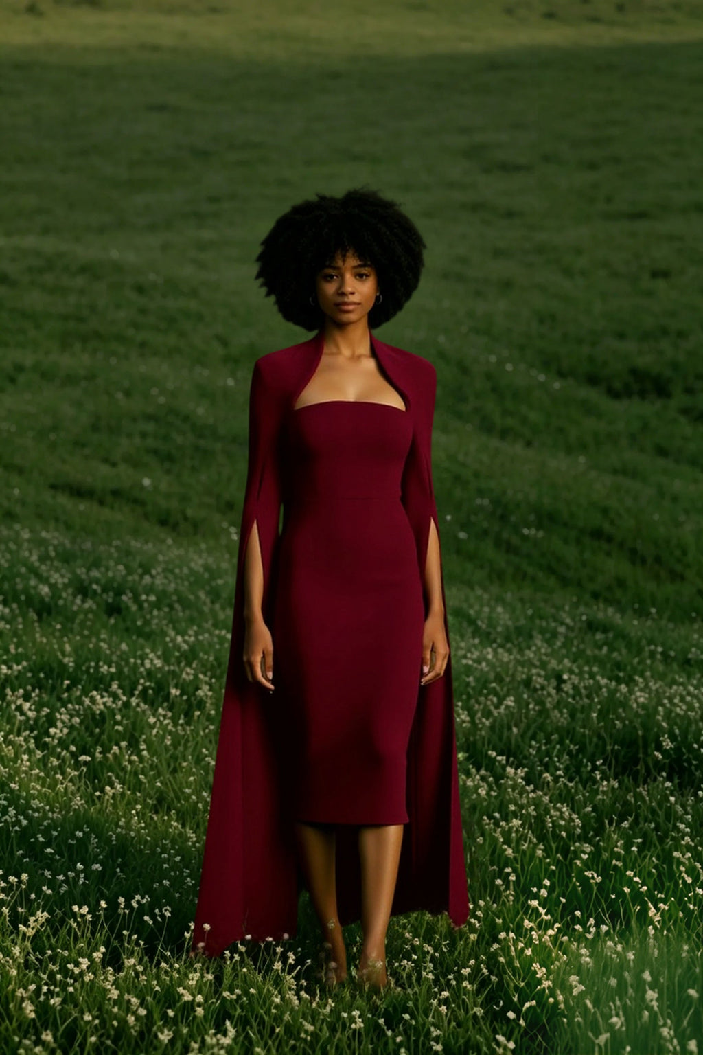 Cape Long Sleeve Back Slit Midi Dress