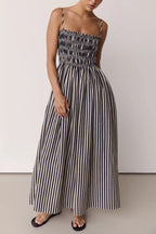 Striped Print Spaghetti Strap Pleated Pocket Casual Vacation Maxi Dress