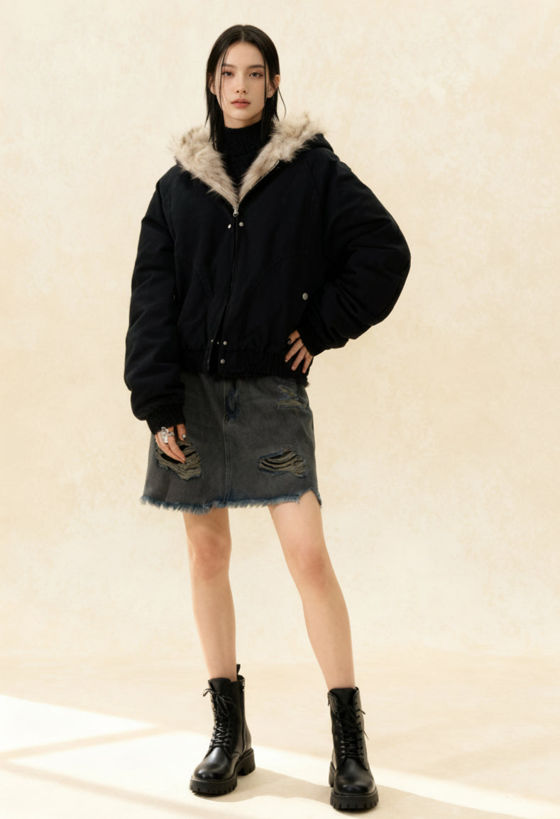 FurTrimmed Hooded Bomber Jacket