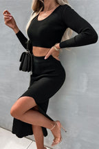 Solid Knit Long Sleeve Top Side Slit Pencil Skirt Set