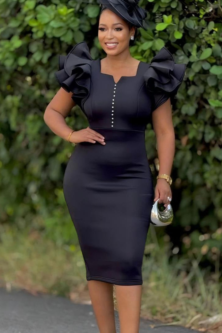 Chic Beaded Ruffled Sleeve Bodycon Cocktail Dress
