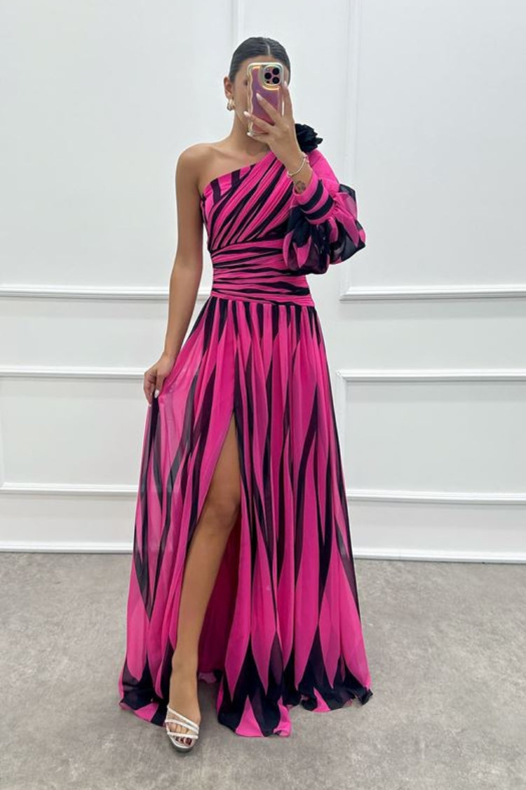 Roma Minimalist One Shoulder Dress with Rose Detail and Patterned Design Statement Occasion Edit