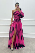 Roma Minimalist One Shoulder Dress with Rose Detail and Patterned Design Statement Occasion Edit