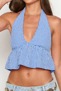 Deep V Halter Backless Checkered Crop Top