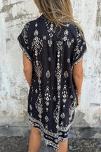 Linen Blend Unique Print Lapel Casual Pocket Mini Dress