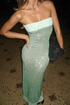 Strapless Sequin Slit Back Prom Dress