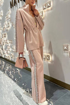 Edan Textured Knit Sequin Patchwork Drawstring Zipper Sweatshirt and Stretch Wide Leg Pants Set
