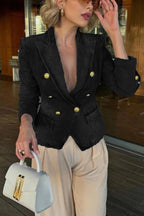 Casual Gold Tone Button Double Breasted Lapel Collar Tailored Denim Blazer