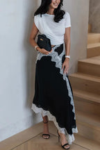 Verve Twisted Drape Across Tee Chiffon Lace Trim Hem Maxi Dress