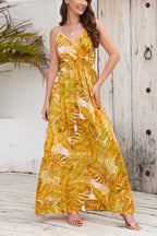 Spaghetti Strap Tropical Print Waist-Cinched Maxi Dress