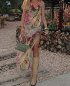 Cleavage Backless Printed Floral Dress