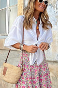 French Dreaming Linen Blend Front Tie Blouse