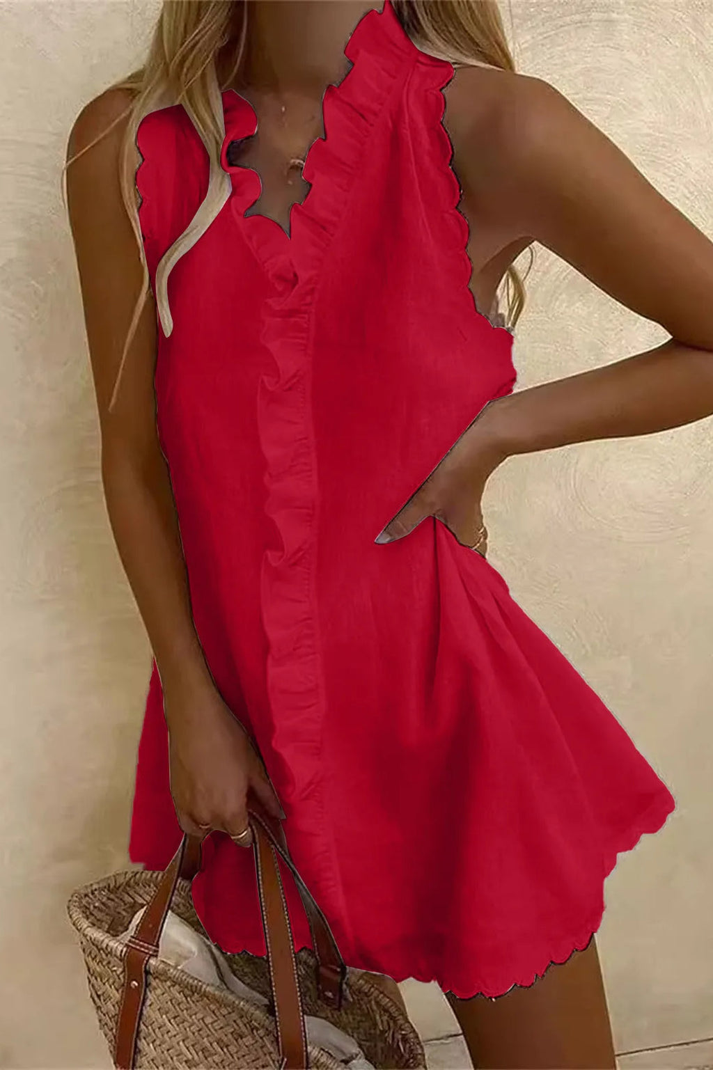 V Neck Ruffle Cotton Linen Mini Dress