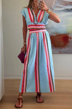 Stylish Striped Print V-neck Cropped Top and Elastic Waist Casual Maxi Skirt Set