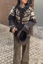 Retro Fair Isle Hooded Horn Button Loose Knit Cardigan