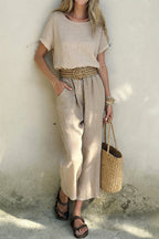 Linen Blend Crew Neck Short-sleeved Top and Elastic Waist Casual Pocket Pants Set