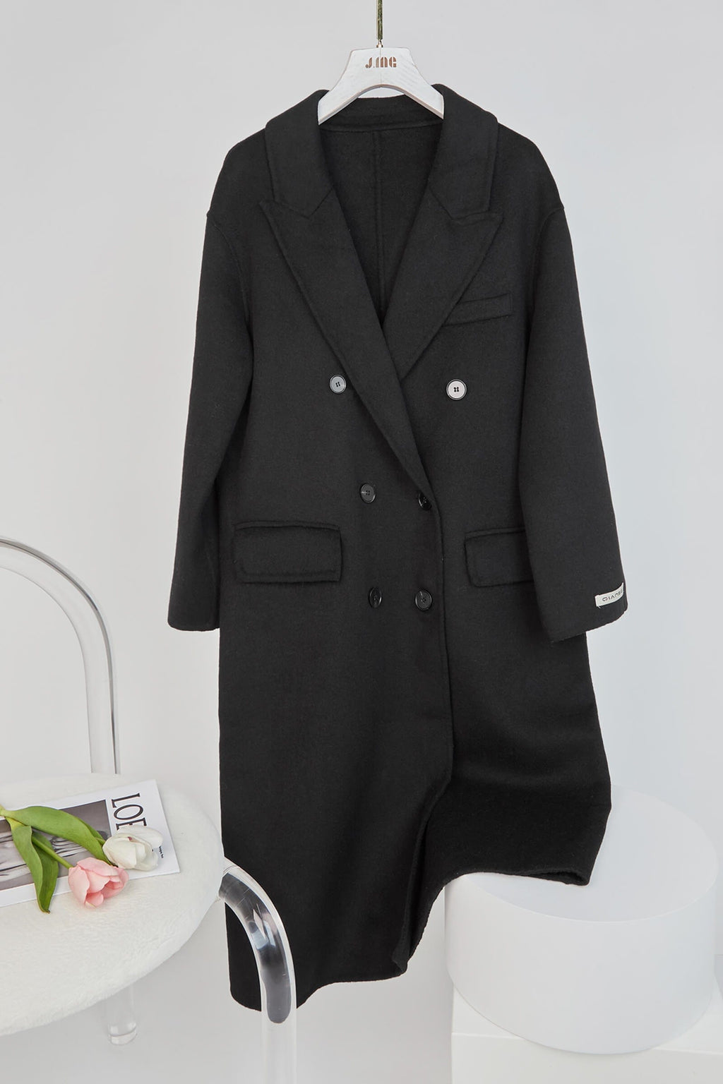 Black Premium Wool Double-Breasted Longline Coat