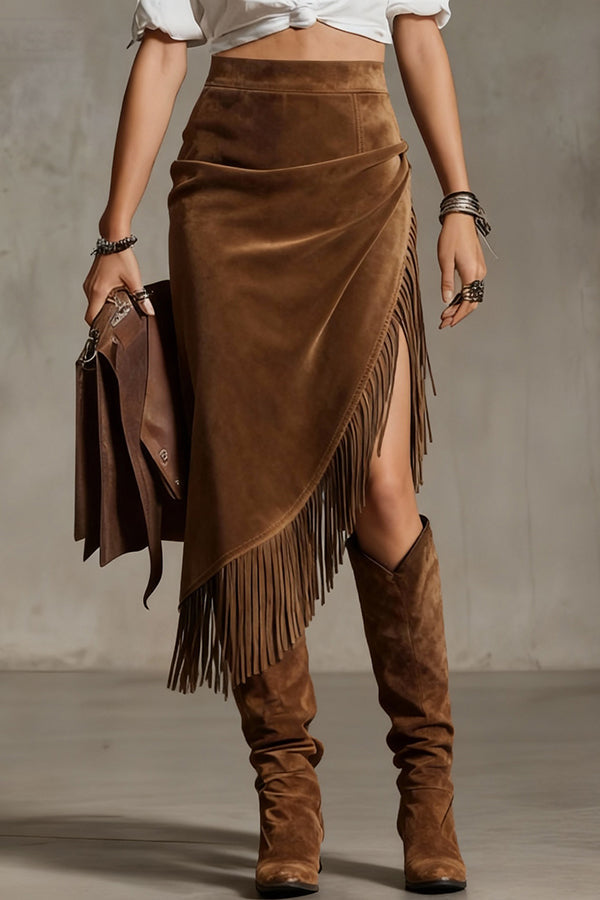 Fashionable Suede Tassel Irregular Casual Midi Skirt